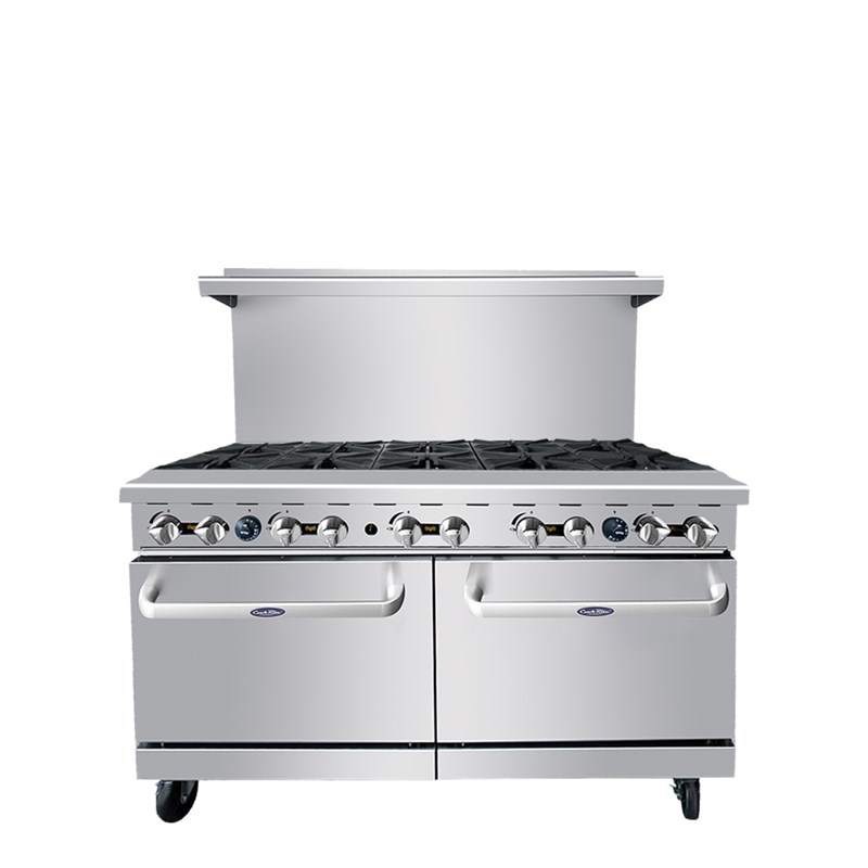 60" Gas Range w/ 10 32,000 BTU Burners; 2 26-1/2" Wide Ovens; 4 Oven Racks (Casters Included)