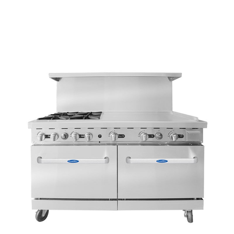 60" Gas Range w/ 4 32,000 BTU Burners; 36-in Griddle (R); 2 26-1/2" Wide Ovens; 4 Oven Racks