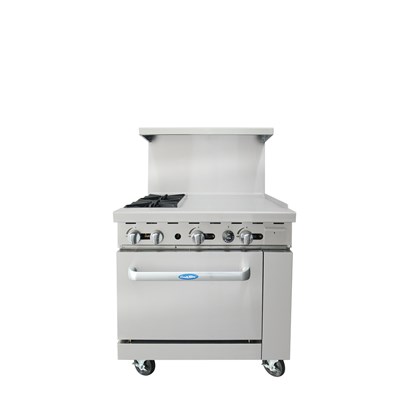 36" Gas Range w/ 2 32,000 BTU Burners, 24-in Griddle (R); 26-1/2" Wide Oven (w/ Casters) / 36''  Range. (2) 32,000 B.T.U. Burners and 24'' Gr